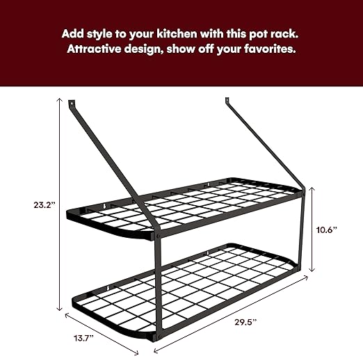 Vdomus Hanging Pot and Pan Organizer - Rustproof Wall Mounted Rack for Kitchen Storage - Durable, Thick Iron Material - 2-Tier Shelf with 10 Hooks for Utensils - Wall Mounted Black Pot Rack