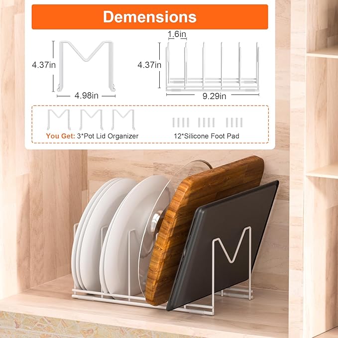 3 Pack Pot Lid Organizer for Cabinet, Stainless Steel Pot Lid Rack with Anti-slip Pad, Lid Holder for Pans Pots, Bakeware, Plates, Cookie Sheets, Trays, Dish, Cutting Boards, White