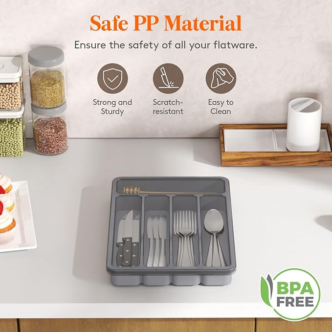 Lifewit Silverware Organizer with Lid, Covered Utensil Tray for Kitchen Drawer and Countertop, Plastic Cutlery and Flatware Storage Box for Spoons Forks Knives Holder Case, 5 Compartments, Gray