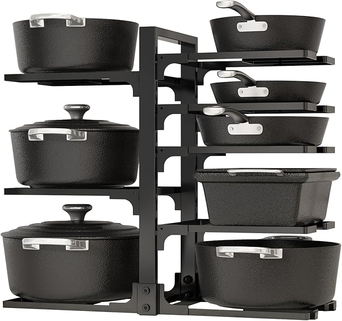 Adjustable Pots and Pans Organizer Under Cabinet, 8-Tier Pot and Pan Organizers Inside Cabinet, Kitchen Cabinet Organizers and Storage, Black