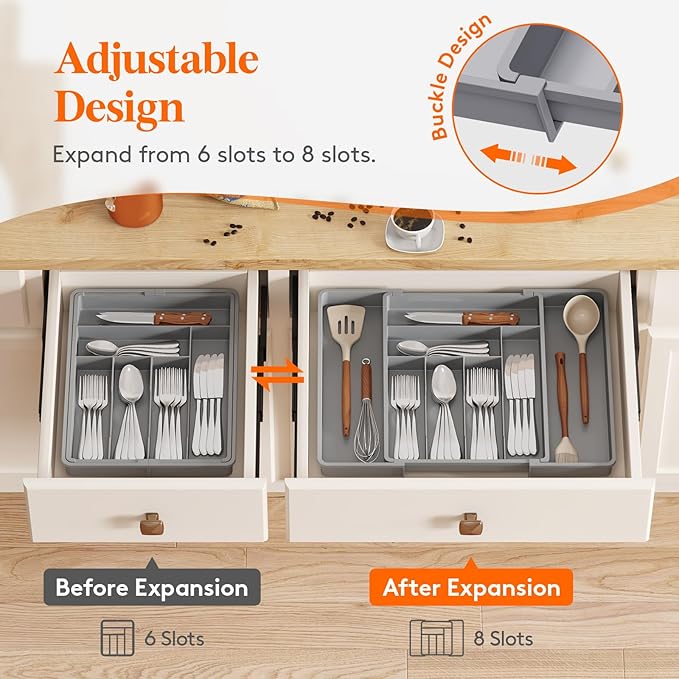 Lifewit Expandable Silverware Drawer Organizer, 22.4 x 16.7 x 2 inches, Adjustable Utensil Cutlery Tray for kitchen, Plastic Flatware Spoon Fork Knives Holder Storage Divider,1 Pack, Gray