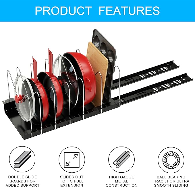 Pull Out Pots and Pans Organizer for Cabinet - Sliding Lid Holder and Pan Rack in Kitchen, Cabinet Pull Out Shelves, Slide Out Cabinet Organizer, Pot Lid, Bakeware and Pan Organizer, Set of 2 Packs