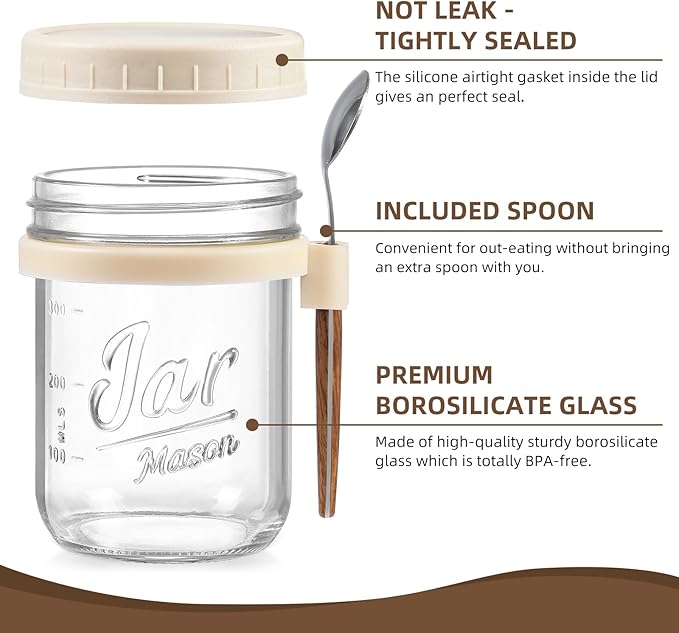 LANDNEOO 6 Pack Overnight Oats Containers with Lids and Spoons, 16 oz Glass Mason Overnight Oats Jars, Large Capacity Airtight Jars for Milk, Cereal, Fruit(Beige