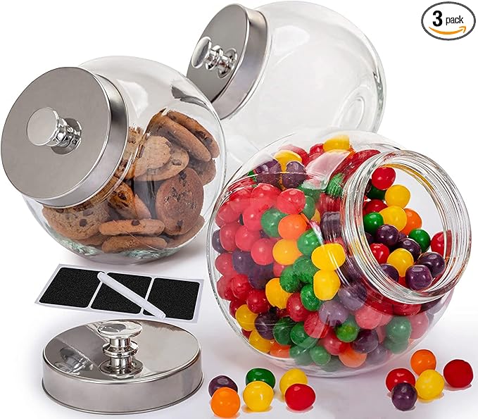 Glass Cookie Jars for Kitchen Counter (3 Pack) 75oz Food Storage Canisters with Airtight Lids + Marker & Labels, Coin & Penny Jar for Candy Buffet, Coffee, Laundry Detergent Holder