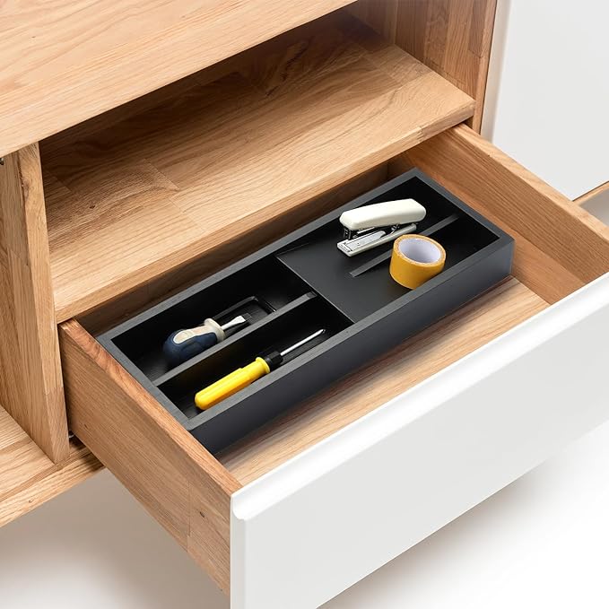Bamboo Silverware Drawer Organizer with Labels,Kitchen Small Narrow Utensil Drawer Organizer,Kitchen Utensil Tray Holder Organizer for Flatware,Cutlery,Spoon,Knives Drawer Organization (Black, Small)