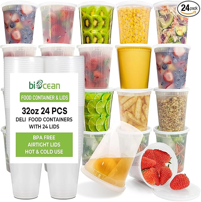 32 Oz Resuable Deli Containers With Lids Freezer Food Storage Containers Airtight Bulk 24 Set BPA-Free Plastic Soup Container Microwave Leakproof Deli Cups For Meal Prep,Leftover-Home/Takeout