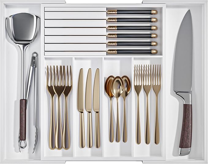 Silverware Drawer Organizer Bamboo Knife Organizer Drawer Insert Expandable Utensil Holder for Kitchen Drawer Flatware Holder W12.8-20.2" x L16 x H2 (White)