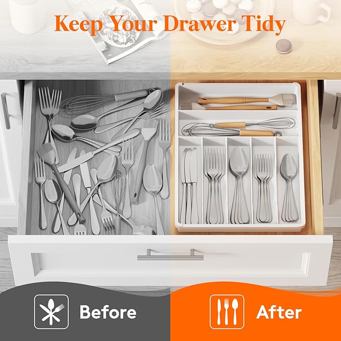 Lifewit Silverware Tray, Deep Wide Cutlery Drawer Organizer Storage for Kitchen, Plastic Flatware Utensil Holder Divider for Spoons Forks Knives Tableware, 7 Compartment, White