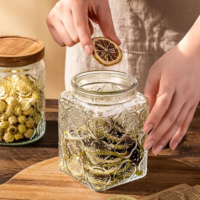 ANSQU 25.3 FL OZ Square Glass Jar, Glass Storage Canister with Airtight Lid, Glass Food Storage Containers for Candy, Coffee, Tea, Canning, Cute Jar (Square Begonia)
