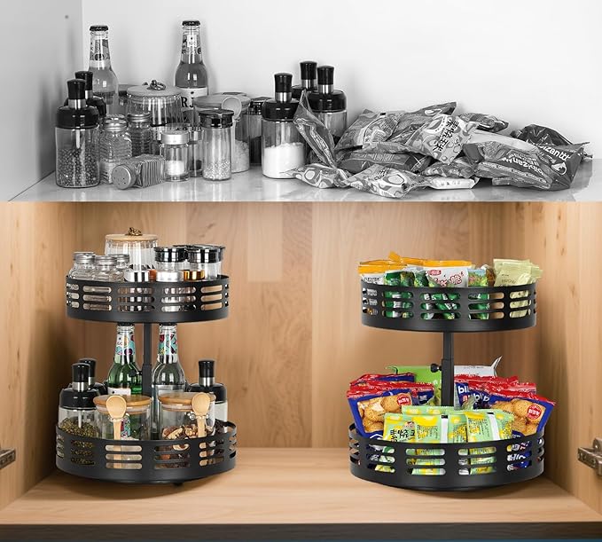Lazy Susan Organizer,4 Adjustable Heights Lazy Susan Turntable for Cabinet,2-Tier Snack Organizer for Pantry Shelf,Rotating Spice Rack,Wood Condiment Seasoning Organizer for Spices, Makeup,Snack