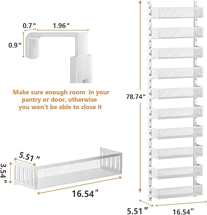 10-tier Over The Door Pantry Organizer with Mesh Baskets, Adjustable & Stable Hanging Spice Rack for Kitchen, Bathroom, Bedroom, and Baby Essentials Storage (16" W 10-Tiers, White)
