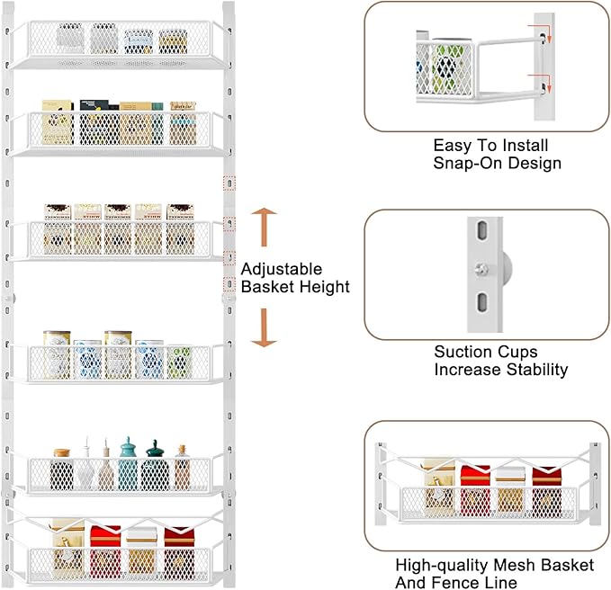 Over the Door Pantry Organizer, 6-Tier Pantry Organization and Storage,Adjustable Hanging Spice Rack Shelves, Cabinet Door Organizer for Easy Install, Home & Kitchen Essentials, White