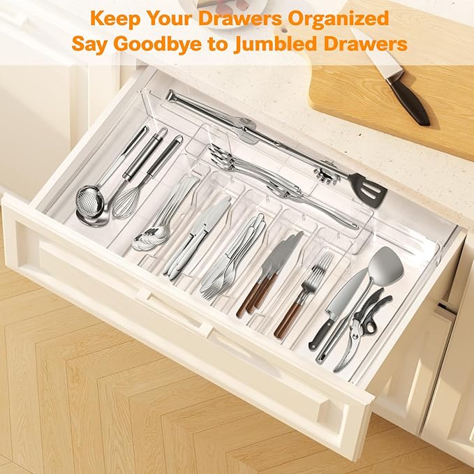 Silverware Drawer Organizer, Expandable Utensil Tray for Kitchen, Clear Plastic Cutlery Flatware Holder, Adjustable Storage Divider for Cooking Tools Forks Knives Spoons, 9 Slot