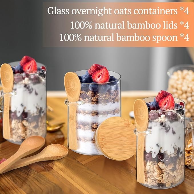 Pickmesh 4 Pcs Overnight Oats Containers with Lids Overnight Oats Jars Oatmeal Cups Square Glass Meal Prep Container with Bamboo Lids and Spoons Glass Jar for Pudding Yogurt (Round Style,16oz, 10oz)