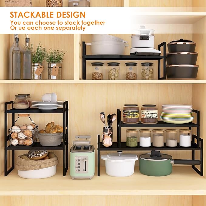 DOLALIKE Expandable kitchen Countertop Organizer, Stackable Cabinet Shelf Organizers, Space Saving Spice Rack Pantry Storage for Bathroom Office (Black, 1 Pack)