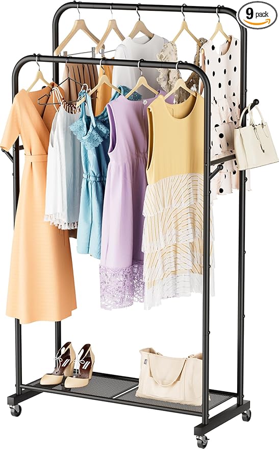 SINGAYE Clothes Clothing Rack Drying Clothing Garment Coat Hanger Rack Metal Double Bar Freestanding for Hanging Clothes Portable With Wheels Rolling Closet for Laundry Bedroom Black