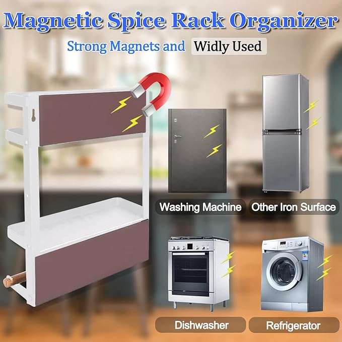 Magnetic Spice Rack for Refrigerator White Magnetic Paper Towel Holder for fridge Magnetic Shelf Magnetic Shelves Fridge Magnet Organizer Spice Rack Kitchen Organization Kitchen Storage