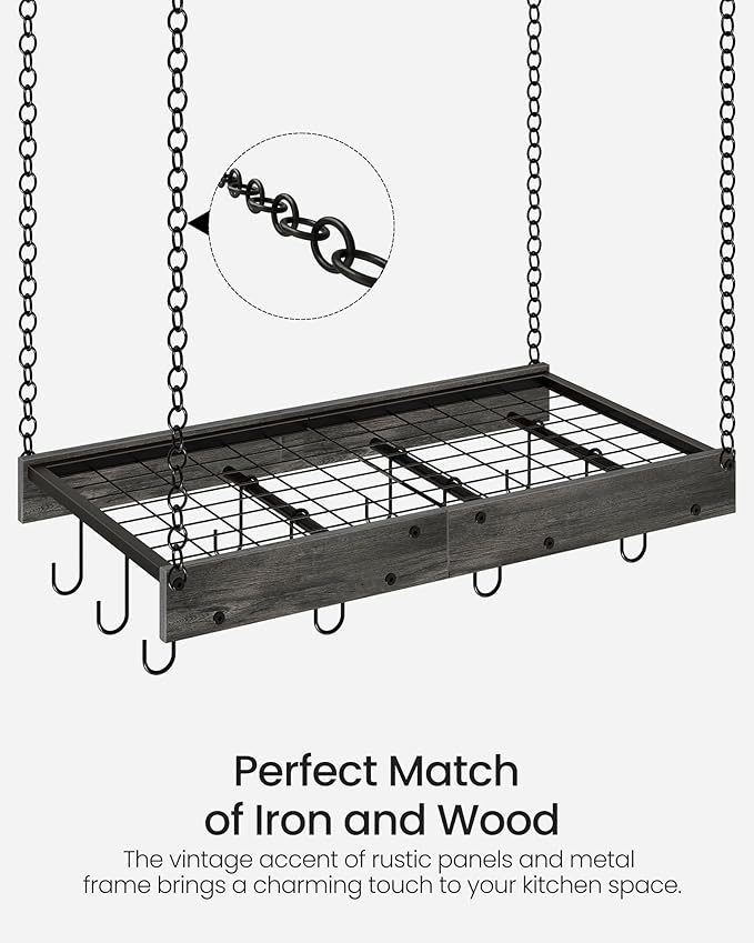 Hanging Pot Rack, Ceiling Mounted Pot Hanger, Vintage Pot Rack for Kitchen, Pot Storage Organizer, with 12 S-Shaped Hooks, for Cookware Storage, Space Saving, Charcoal Black and Black TPR01BC
