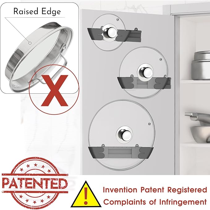 Adjustable Universal Pot Lid Holder Organizer for Cabinet - Upgraded Patented 3 Pack Pan Lids Organizers Inside Door Wall Mount Pots Top Rack for Kitchen Cupboard Fit 6" to 13" (Black)