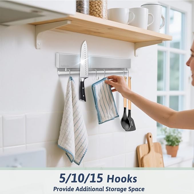 12 Inch Magnetic Knife Holder for Wall - Stainless Steel Magnet Knife Strip No Drill with 5 Hooks/Adhesive Tape/Screws, Kitchen Utensil Holder, Magnetic Knife Organizer, Wall Mounted Knife Storage