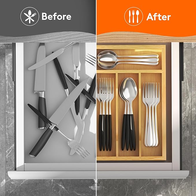 Lifewit Silverware Drawer Organizer Tray, Bamboo Cutlery Storage for Kitchen Drawer, 6 Compartment Flatware and Utensil Holder Divider for Spoons Forks Knives Tableware, Natural