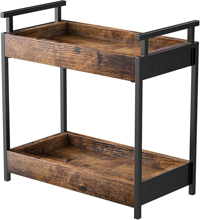 KLM Countertop Coffee Station Organizer, 2 Tier Wooden Shelf for Coffee Bar Accessories, Condiment Storage Caddy for Kitchen, Bathroom Counter Organizer, Home, Office - Brown