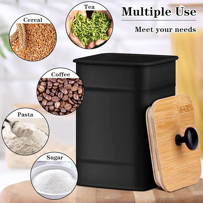 Black Canisters Sets for the Kitchen Counter,Flour Sugar Storage Containers,Metal Farmhouse Kitchen Canisters Set of 4,Coffee Tea Sugar Spice Flour Food Storage Container with Airtight Bamboo Lids