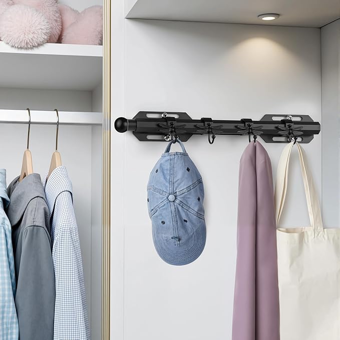 12" Valet Rod for Closet Pull Out with 4 Dragonfly-shaped Hooks, Black