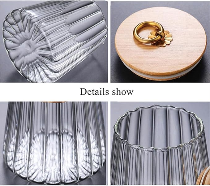 Strip Pattern Clear Glass Candy Jar with Bamboo Lid,Food Storage Jar,Glass Jar with Lid,Coffee Sugar Canister Airtight Storage Container (Conical)
