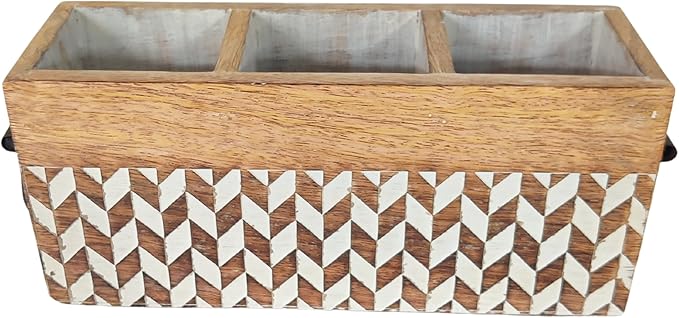 VANIYA CRAFTSR® Handmade Wooden Carved Design Compartments Cutlery Utensil Holder For Napkins, Spoons, Forks, Tissues, Knife (Natural White Finish)