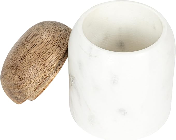 Creative Co-Op Marble and Mango Wood Pinch Pot with Lid, White and Natural
