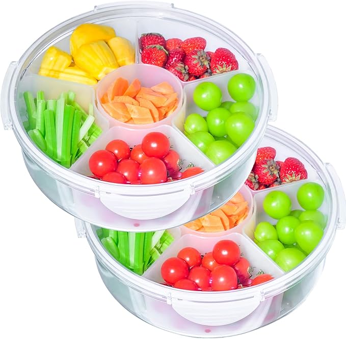 2 Pack Veggie Tray with Lid for Fridge, Clear Divided Serving Tray with Dip Snackle Box Container 6-Compartment Snack Storage for Party, Reusable Dinner Fruit Platter for Refrigerator Organizer Bins