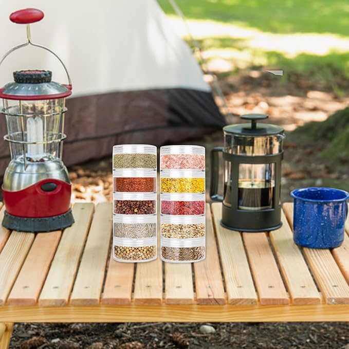 2 Sets 5 Layers Clear Portable Travel Spice Jars, Multi Camping Spice Containers with Organizer Bag, Stackable Spice Salt and Pepper Set for Outdoor Cooking, Camping, Traveling, Barbecuing