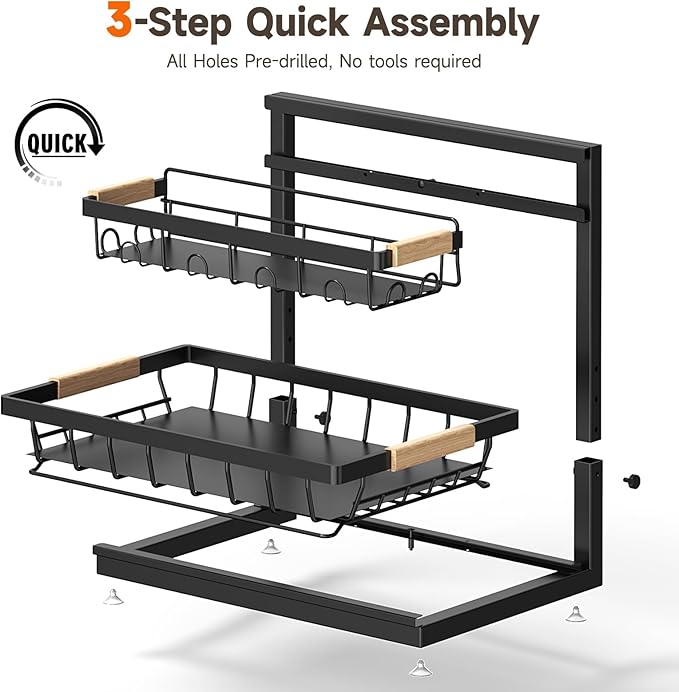2 Packs Under Sink Organizer, High Adjustable 2 Tier Under Kitchen sink organizer, Multi-Purpose Storage Shelf for Kitchen Bathroom Cabinet, Black