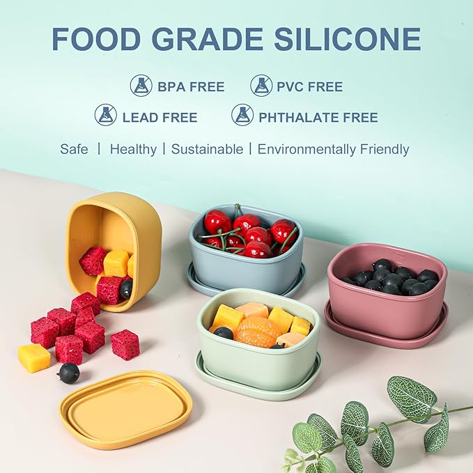 4 pcs 6.76 oz Silicone Snack Containers for Kids Small Food Containers with Lids, Fruit Containers for Lunch, Stackable Lunch Containers for Kids, Daycare, School and Travel