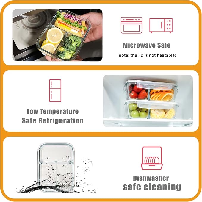5 Pack 35 Oz Glass Storage Containers with Lids,Meal Prep Containers Reusable,3 Compartment Glass Meal Prep Containers, Food Storage and Portion Control - White