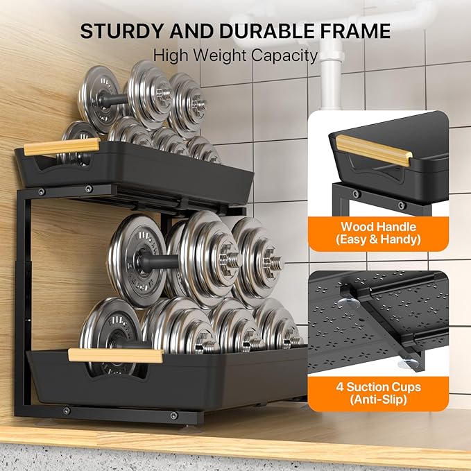 2 Pack Under Sink Organizer, 2 Tier Pull Out Under Sink Organziers and Storage, Height Adjustable Slide Out Under Sink Cabinet Organizer for Kitchen Bathroom Laundry