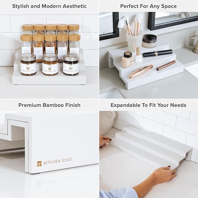 Expandable Spice Rack Organizer for Cabinet, 3-Tier Shelf for Spice Organization (11” to 22”), Fits 36 Spice Jars, Seasoning and Pantry Storage, Non-Slip Feet, 100% Bamboo, White Finish