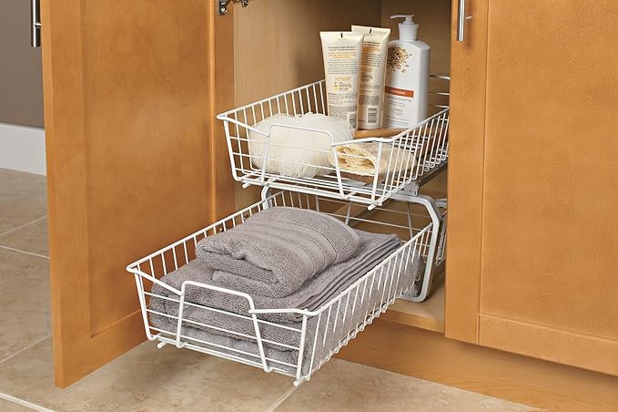ClosetMaid Pull Out Cabinet Organizer 2, Heavy Duty, Slide Out Pantry Shelves Drawers for Kitchen, Bathroom, White, 11-Inch Two Tier