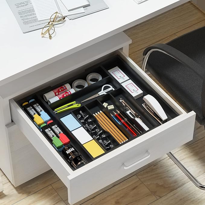 Utensil Organizer Silverware Drawer Organizer - Bamboo Expandable Cutlery Tray with Dividers for Utensil Holder Office Storage Makeup Desk Drawer Tool Organization W13.5"-19.5" x L17.5" x H2.5"(Black)