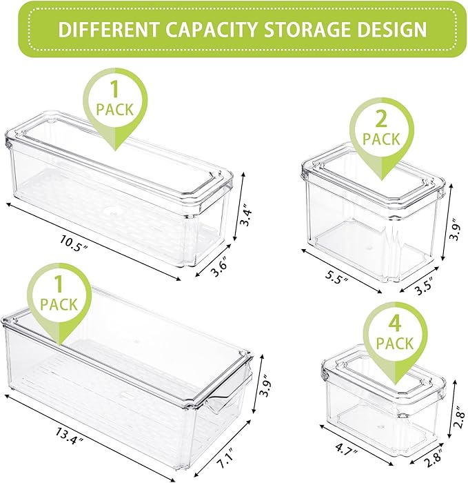 Moretoes 8 Pack Fridge Organizer Bins, Stackable Fridge Organizers with Lids, BPA-Free Clear Storage Bins for Fridge, Freezer, Kitchen, Cabinet, Pantry