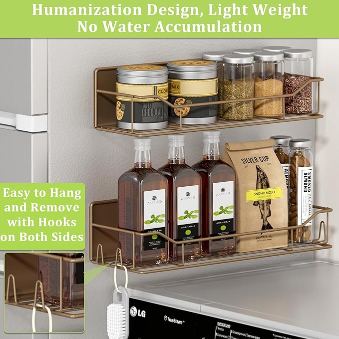 Magnetic Spice Rack for Refrigerator, 9 Pack Magnetic Fridge Shelves W/Adjustable Paper Towel Holder, Hook Rack, Moveable Spice Organizer Shelf for Kitchen Organization and Storage (Brown)
