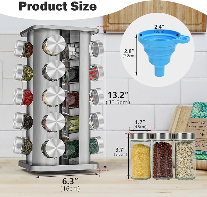 Rotating Spice Rack Organizer, Spice Tower for Countertop, Revolving Spice Rack Set for Cabinet, Silver Steel Kitchen Seasoning Organizer with 20 Jars and Funnel Square-round