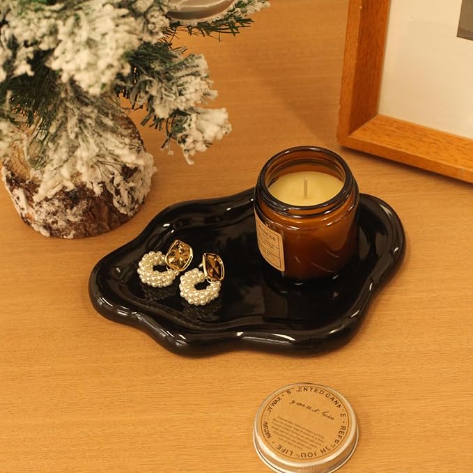 Ceramic Jewelry Tray Trinket Dish, Decorative Cloud Vanity Key Tray for Women, Ring Holder Dish, Cute Jewelry Plate Bowl Room Decor Aesthetic, Black, Large