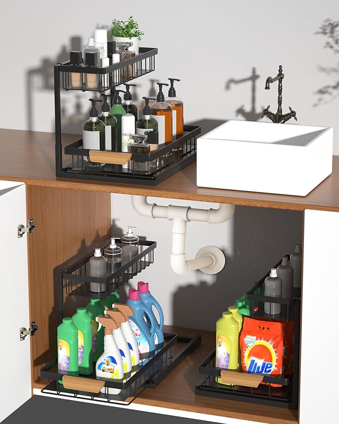 2 Pack Under Sink Organizer,Metal Pull Out Kitchen Cabinet Organizer with Sliding Drawer,Sturdy Multi-Functional for Bathroom Kitchen Organization,Black