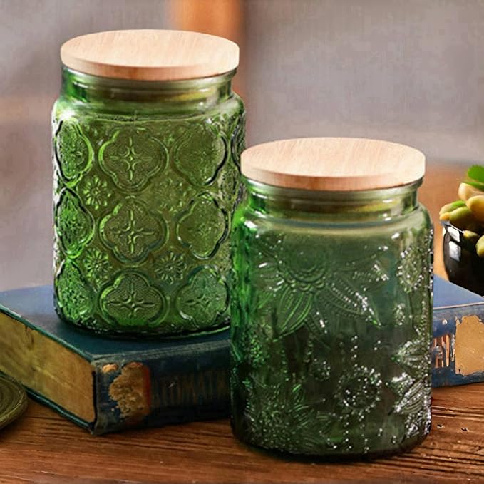 ANSQU Green Glass Canister, Candy Jar with Lid, 23.7 FL OZ Vintage Colored Mason Jars for Kitchen Decorative Jar for Coffee Tea Candy Cookies, Cute Jars (Green, 1 Pack)