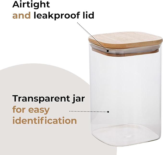 32oz Square Borosilicate Glass Canister With Bamboo Lid, Airtight Pantry Storage Jar Containers Ideal for Rice, Candy, Sugar, Flour, Nuts, Cookies and Coffee Beans (4 Pack)