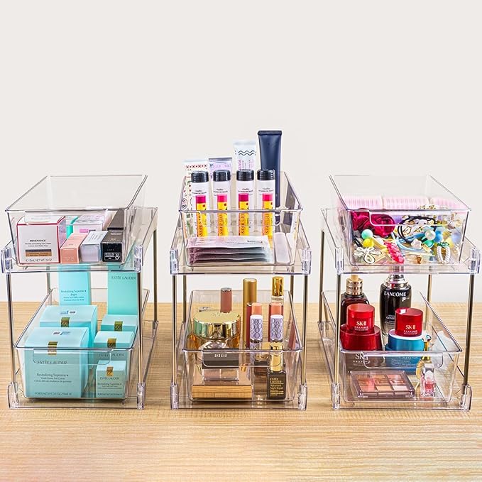 2 Pack 2-Tier Bathroom Under Sink Organizers and Storage - Clear Stackable Containers for Kitchen, Pantry, Vanity, Medicine Cabinet, Makeup, and Counter with Pull-Out Track