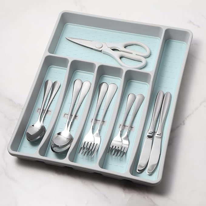 Silverware Organizer with Cutlery Icons,Silverware Tray for Kitchen Drawer,Plastic Flatware Tableware Cultery Drawer Organizer Utensil Organizer with Non-slip TPR Linings,6-Compartment