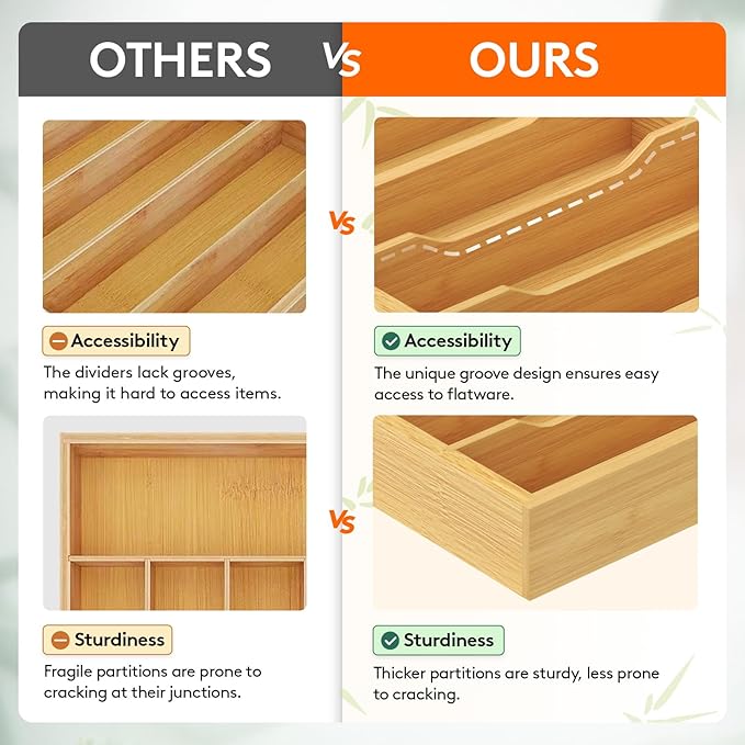 Lifewit Silverware Drawer Organizer Tray, Bamboo Cutlery Storage for Kitchen Drawer, 6 Compartment Flatware and Utensil Holder Divider for Spoons Forks Knives Tableware, Natural